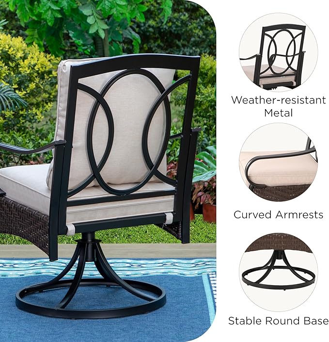PHI VILLA Outdoor Swivel Chairs Set of 4, Heavy Duty Outdoor Metal Wicker Dining Chair with Thickened Cushions, Large All Weather Wrought Iron Patio Chair for Balcony