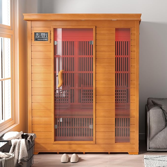 3 Person Infrared Sauna, Indoor Far Infrared Saunas for Home, 2240W Low EMF Canadian Hemlock Wooden Dry Sauna Room with 7 Chromotherapy Lamp, Bluetooth Speakers, 20 Amps