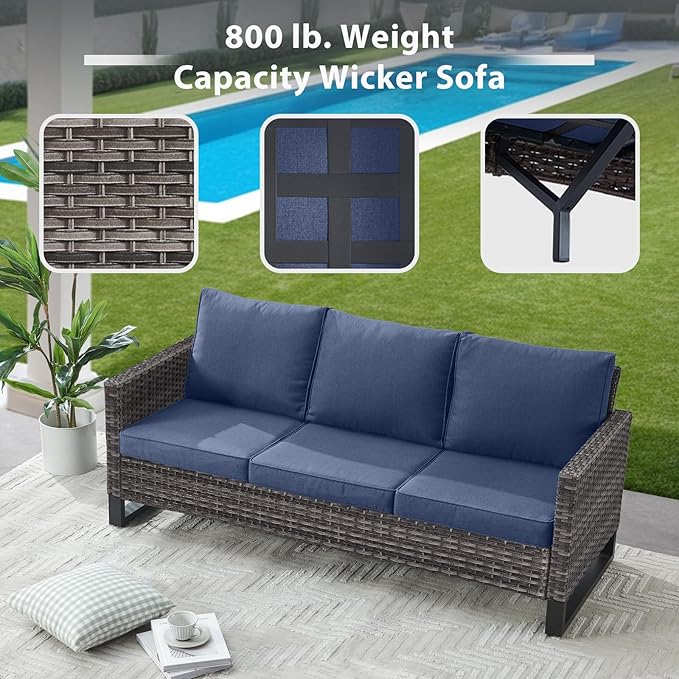 7 Piece Wicker Patio Furniture Set - Outdoor Swivel Rocker Chairs Set with Coffee Table, Side Table, 3 Seat Sofa & Ottomans, Small Patio Conversation Sets for Balcony Deck - Grey/Blue