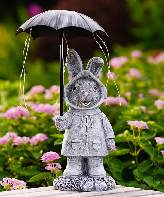 Solar Rabbit Garden Statue Outdoor Decor, Bunny Figurines Lights with Umbrella for Outside Yard Lawn Ornaments,Gifts for Mother's Day Birthday Easter Housewarming(Grey)