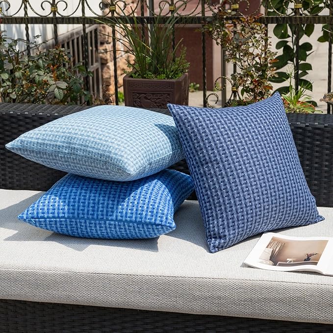 Kevin Textile Outdoor Waterproof Throw Pillow Covers Pack of 2 Weaving Texture Water Resistant Outside Decorative Cushion Covers for Garden Patio Tent Balcony Bench Couch Sofa 16x16 Inch, Blue