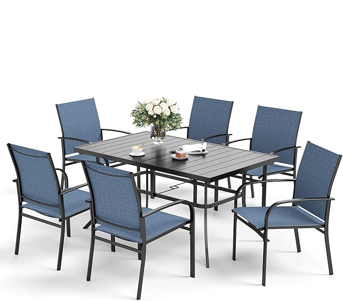 7 PCS Patio Dining Set for 6, Rectangular Metal Dining Table with Umbrella Hole and 6 Chairs, Outdoor Table and Chairs Set for Lawn Garden Backyard and Deck, Blue
