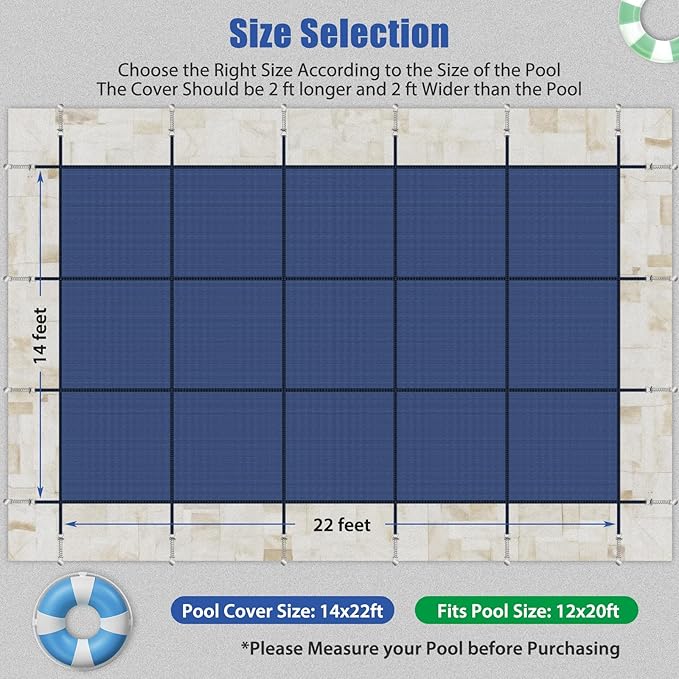 Inground Pool Cover Safety Fits Rectangle Swimming Pool, Mesh Solid Pool Cover for Inground Pools,Winter Pool Safety Cover Includes Safety Net and Installation Tools Blue (Blue, Fits 12x20ft Pools)