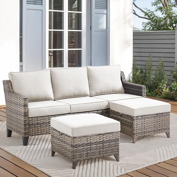 3-Piece Outdoor Bistro Set - Wicker Sofa With High Back, Ottomans, and Comfy Cushions - Rattan Conversation Set for Patio