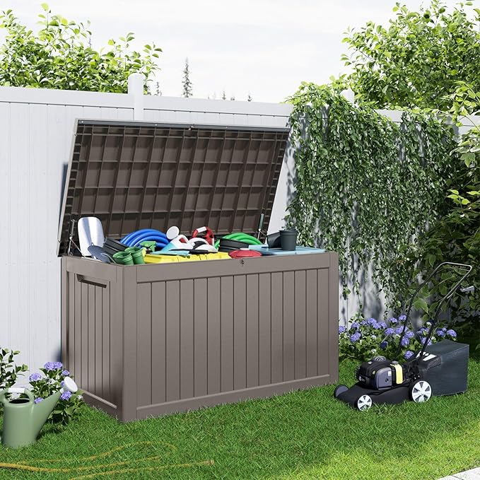 EasyUp 230 Gallon Outdoor Storage Box Waterproof, UV Resistant Resin Deck Box with Hydraulic Rod, Reinforced Stability for Patio, Garden, Striped Gray