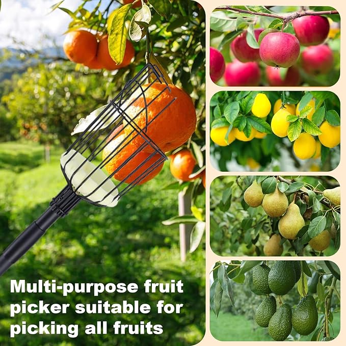 Fruit Picker Pole with Basket, 10.7FT (130 Inch) Adjustable Fruits Picker Tool with Stainless Steel Handle Fruit Grabber Reach Tool for Apple Mango Pear Avocados Fruit Picking, Black