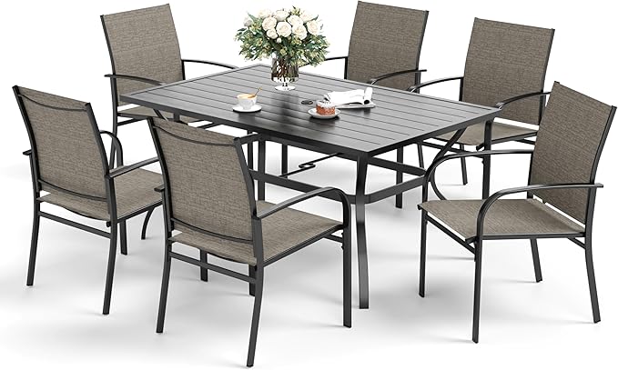 7 Piece Patio Dining Set for 6, Rectangular Metal Table with Umbrella Hole, 6 Brown Dining Chairs, Outdoor Table and Chairs Set for Lawn Backyard and Deck