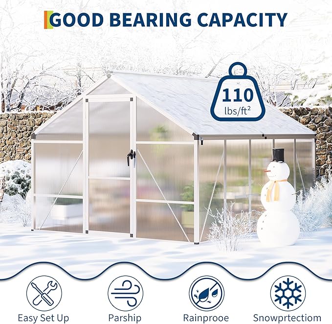 8 x 10 FT Greenhouse, Heavy-Duty Polycarbonate Large Walk-in Greenhouse Roof Vent ,Aluminum Frame & Lockable Door, for Backyard, Green Houses for Outside Garden Backyard