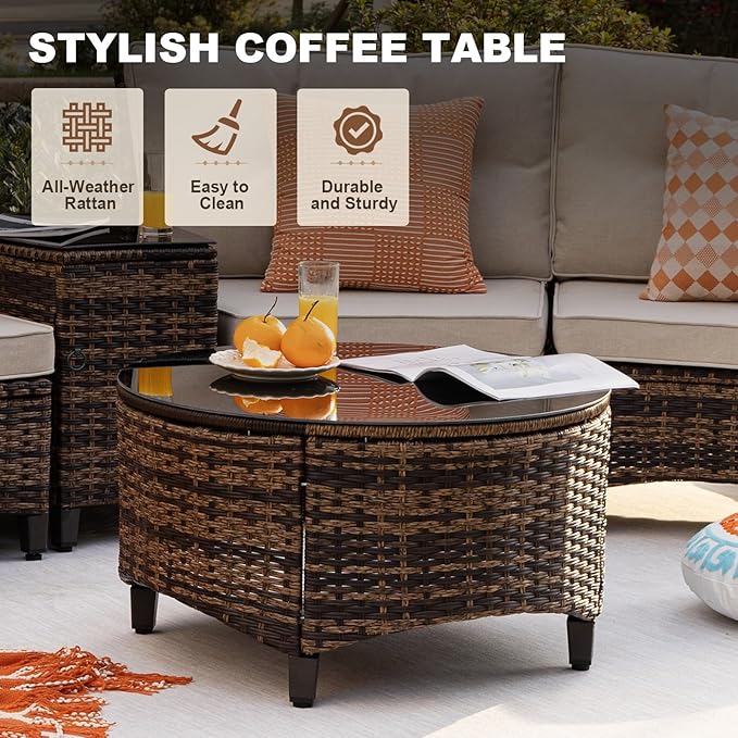 MEISSALIVVE 8 Piece Outdoor Patio Furniture Set, Half-Moon Curved Sectional Set with Wood Armrests, 2 Half-Moon Ottomans, Round Table (Brown)