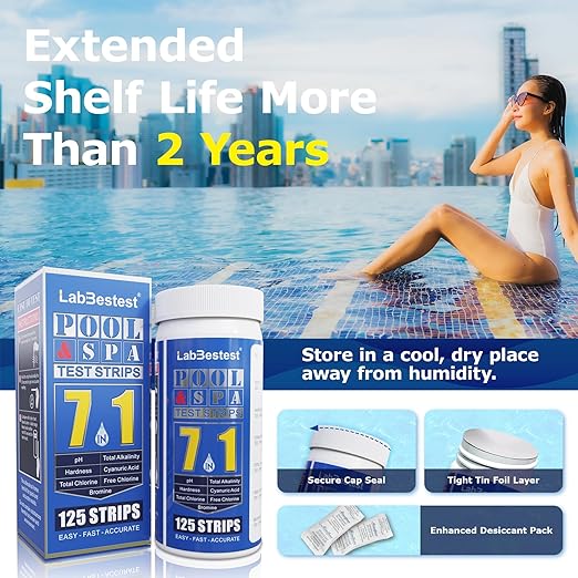 Pool Spa and Hot Tub Test Strips - 125 Pool Spa Test Strips - Swimming Pool Water Testing Kit - Rapid Accurate Easy to Test pH, Hardness, Bromine, and More (7-Way)