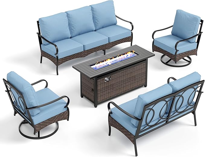 Patio Furniture Set with 56" Fire Pit Table, Premium Outdoor Wicker Metal Frame Furniture with Upgraded Waterproof Thick Cushions for Porch, Poolside, Deck, and Yard
