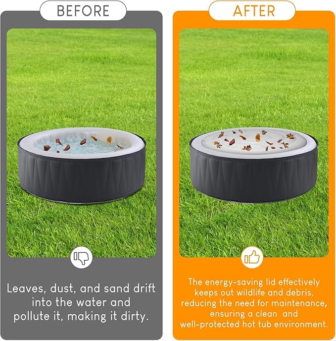 5.4Ft Inflatable Hot Tub Cover, Outdoor Portable Round Cover with Handle,Rainproof Dustproof Insulated Energy Saving Lid for Spa Hot Tubs, Foldable Spa
