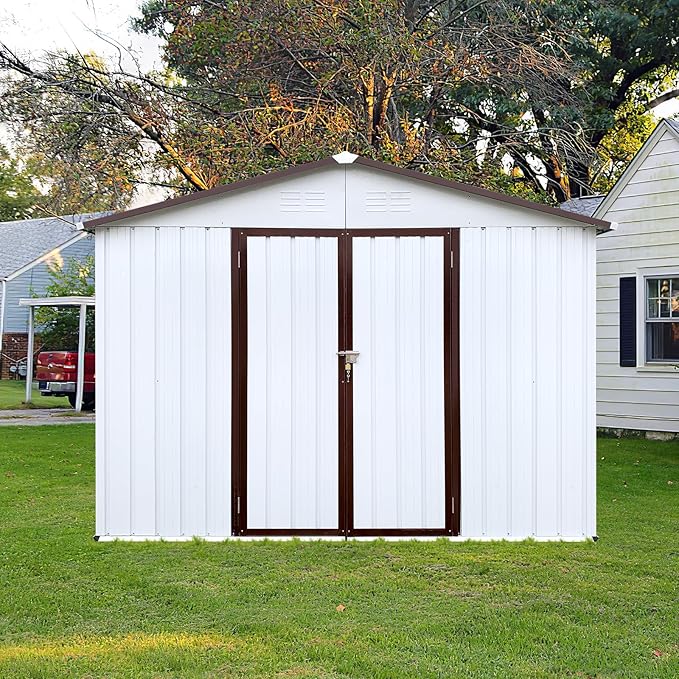 8 x 6 FT Metal Outdoor Storage Shed & Double Hinged Large Door - Heavy-Duty Shed with Floor, Lockable & Ventilation - Rainproof Windproof Large Utility Garden Shed for Backyard Patio Lawn - Brown