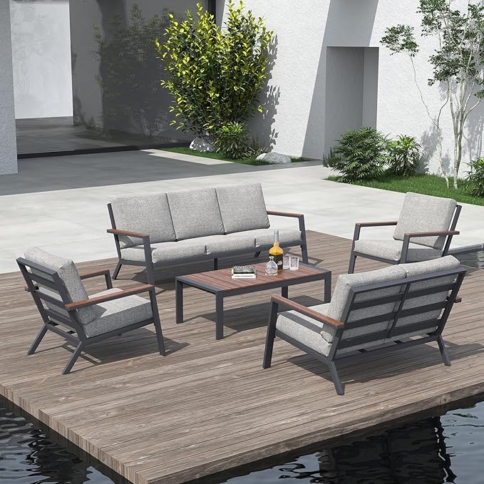 Soleil Jardin Aluminum Patio Furniture Coffee Table, Outdoor Rectangle Table with FSC Certified Solid Wood Top, Outdoor Conversation Modern Coffee Table
