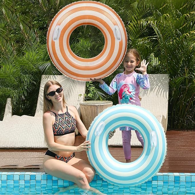2 PCS Striped Pool Floats for Adults Swimming Rings Tube with Handles -Inflatable Pool Float Tube for Adults Pool Floats for The Beach, Party, Vacation