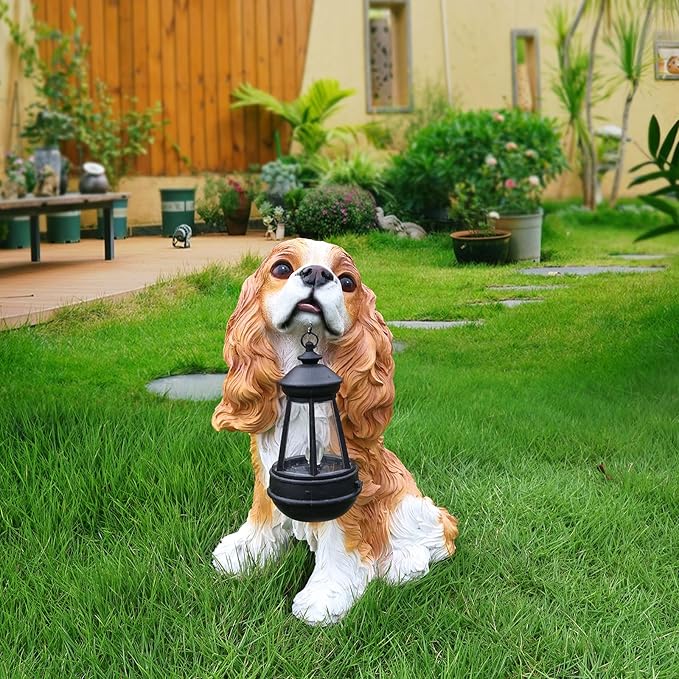 Cavalier King Charles Spaniel Outdoor Dog Statue with Reversible “Welcome/ON Patrol” Hanging Plaque and Solar Porch Lantern, Brown & White Sitting