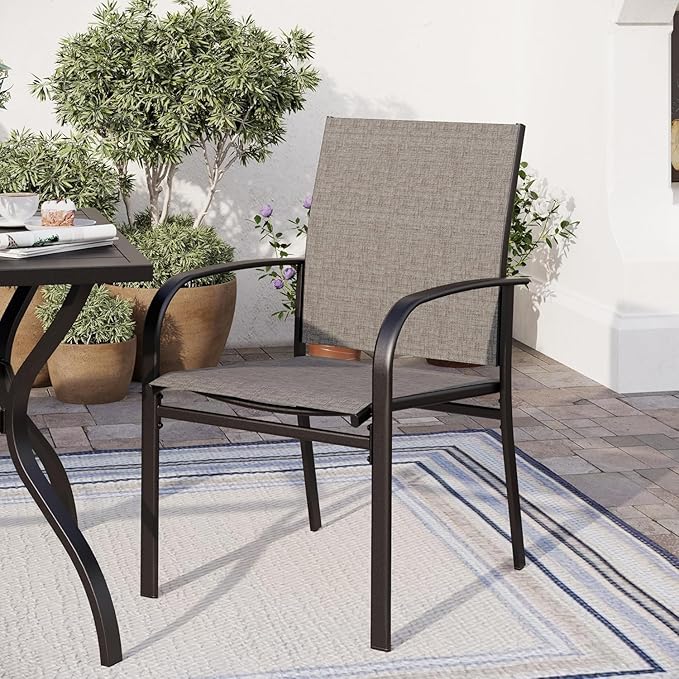 Patio Dining Set of 4, 37”Square Table with Umbrella Hole, Brown Metal Chairs x 4, Outdoor Table and Chairs for Lawn and Deck