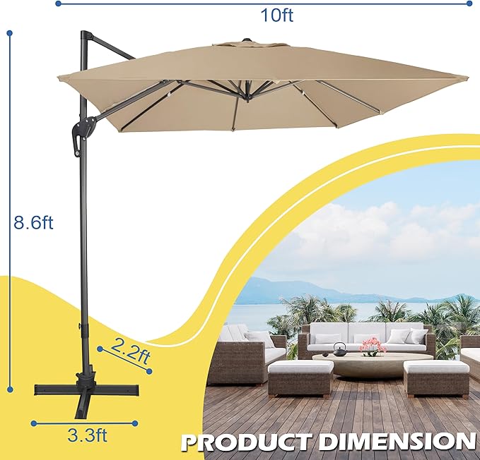 Sunnyglade 10x10Ft Cantilever Patio Umbrella Square 360° Rotation & Integrated Tilting System Offset Umbrella with 8 Sturdy Ribs, Fade-resistant & Waterproof for Garden Backyard Poolside Deck