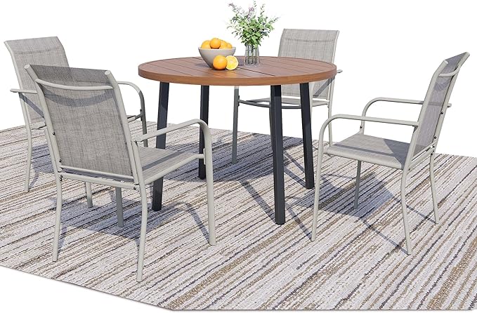 5 Pieces Round Dining Table Set for 4, Patio Dining Set Includes 4 Grey Stackable Patio Chairs and 1 Walnut Round Table, Patio Furniture Sets with Sling Support for Outside, Garden