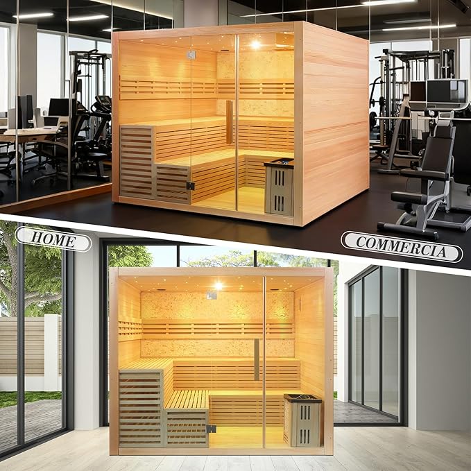 6-8 Person Indoor Sauna HARVIA 220V 6KW Canadian Hemlock Wooden Steam Sauna with LCD Control Panel, Bluetooth Speakers, Panoramic Tempered Glass and Decorative Stone