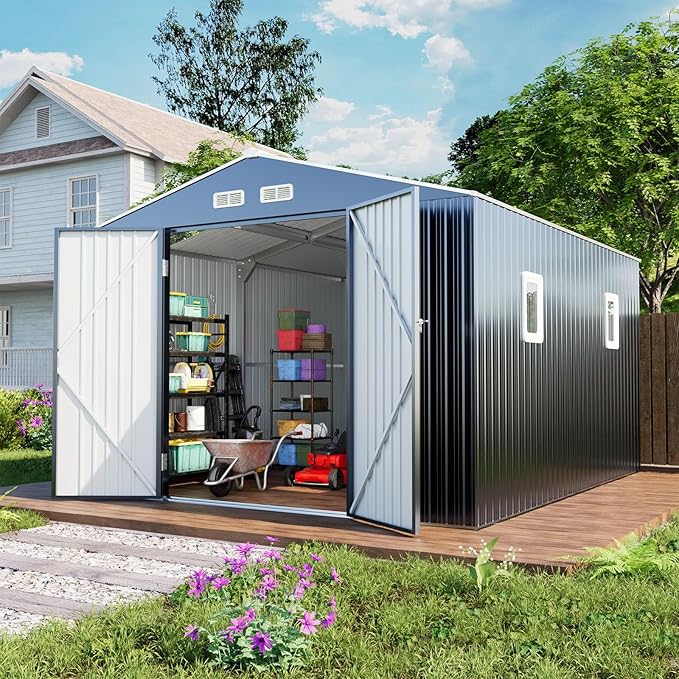 Metal Shed 10x12 Reinforced Sheds Outdoor Storage, Natural Lighting Tool Sheds with Translucent Roof Panels, Windows, and Lockable Doors, Ideal for Garden, Backyard, and Patio