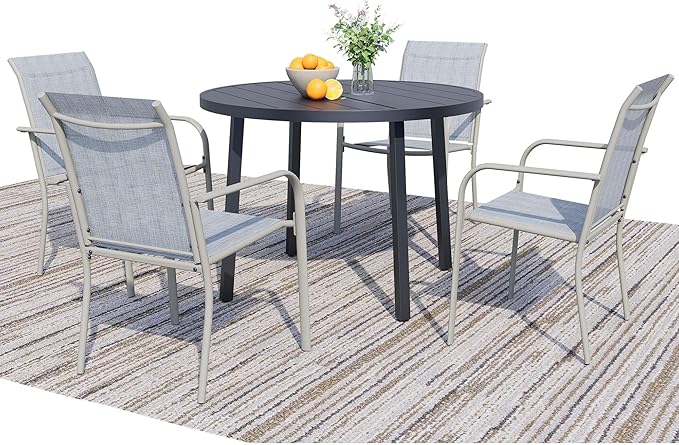 5 Pieces Round Dining Table Set for 4, Patio Dining Set Includes 4 Beige Blue Stackable Patio Chairs and 1 Black Round Table, Patio Furniture Setss with Sling Support for Outside, Garden