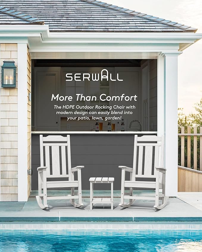 SERWALL Outdoor Rocking Chair White Set of 4, All Weather Patio Rocking Chair, HDPE Poly Rocking Chair for Adults, Heavy Duty Front Porch Rocker