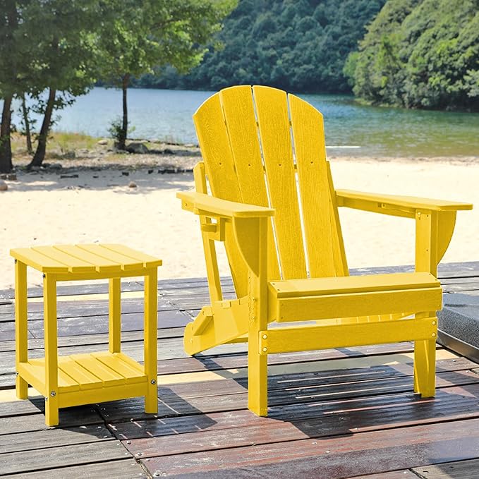 Folding Adirondack Chair, HDPE Outdoor Texture Lawn Chair with Reclining Back, Cup and Phone Holder - Comfortable Firepit Chair Weather Resistant for Patio or Backyard (Yellow, Set of 1)