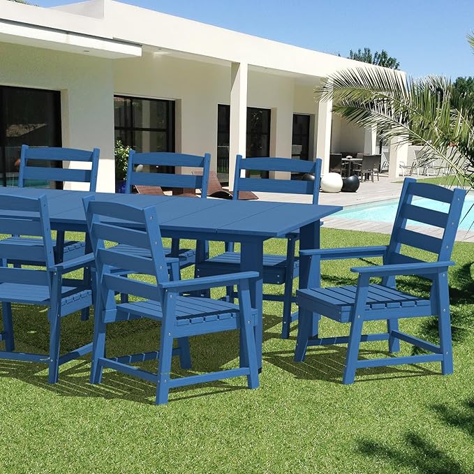LOUNZY 7-Piece Outdoor Dining Set – 75.2" HDPE Table with 6 Chairs, Hole-Cut Design for Patio, Pool & Yard,Navy Blue