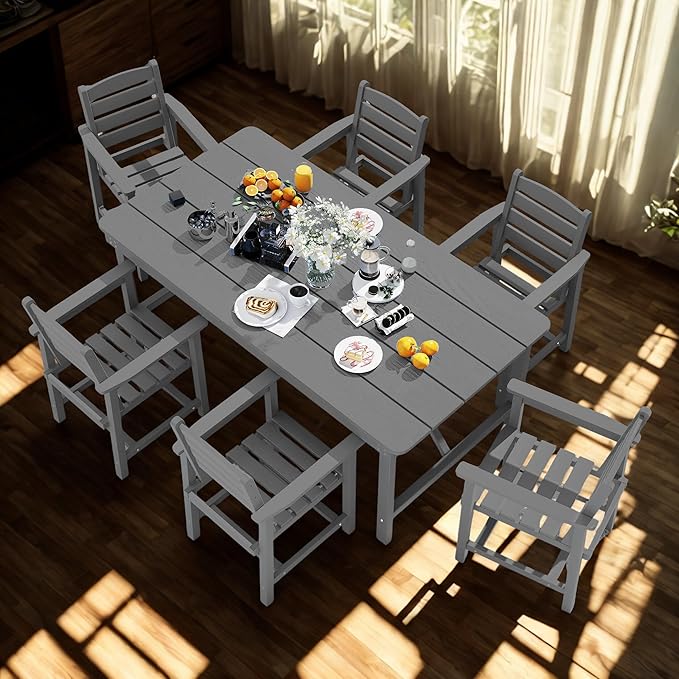7 Piece Patio Dining Set with 11ft Patio Umbrella (Rose Pink), 7 Gray Outdoor HDPE Dining Set with 6 Chairs + 1 Large Table, for Market, Pool, Garden, Backyard, Deck