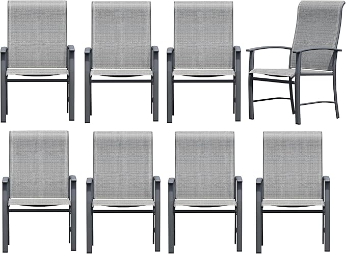 Outdoor Dining Chairs Set of 8, Stackable Patio Chairs with Metal Frame & Textilene Fabric, Perfect for Patio Garden Deck, Grey
