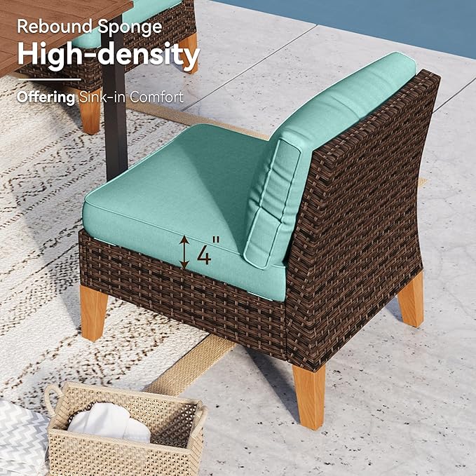 GREEN PARTY 7 Pieces Wicker Patio Furniture Set with 56" Fire Pit Table, All-Weather Outdoor Rattan Patio Sectional Sofa Conversation Set 7 Seats with 4" Thick Cushions for Garden, Backyard (Blue)