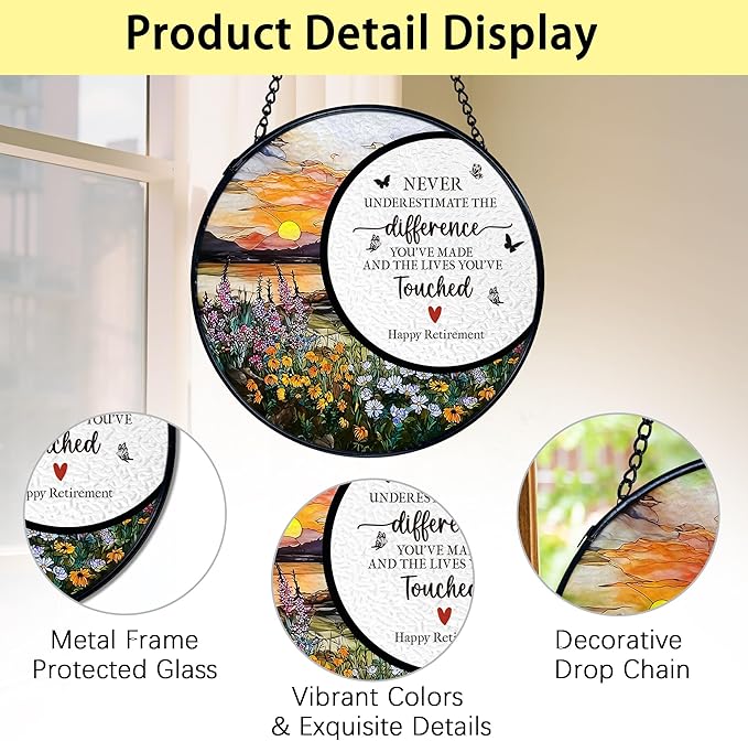 TNUW Retirement Gifts Flower Stained Glass Window Hanging, Difference Maker Gift Sun Catchers Indoor Window Glass Round Wall Art Decor, Retired Gifts for Woman Wall Hanging Decorations, 7.9"x7.9"