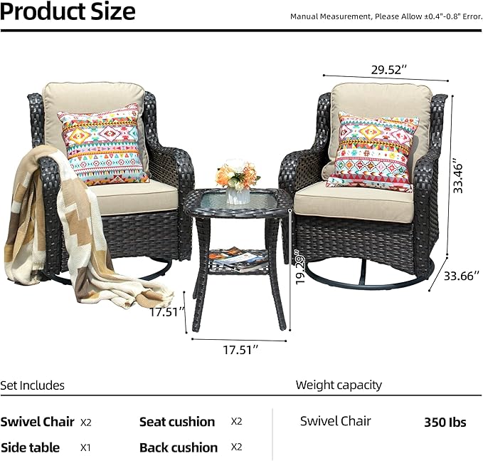 HOOOWOOO Patio Furniture Set,3 Piece Outdoor Furniture with Swivel Chairs,Wicker Patio Bistro Chairs Set,Beige