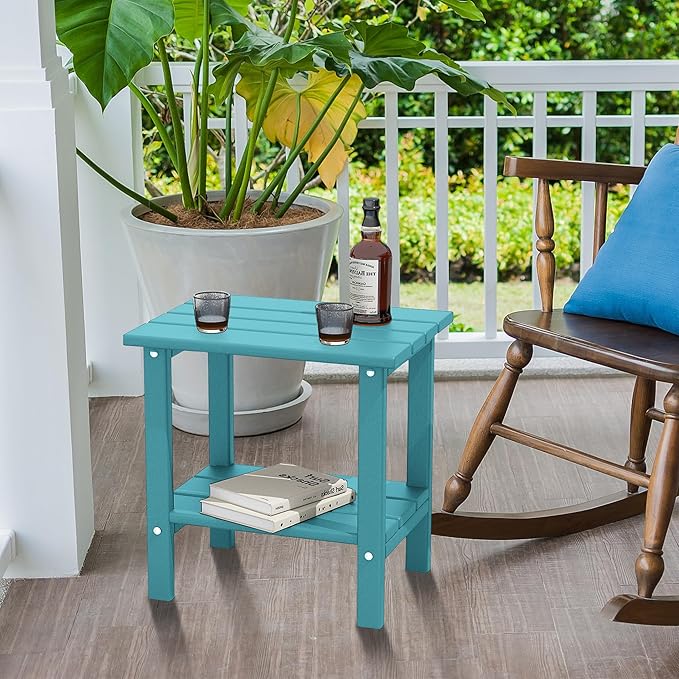 OTSUN Outdoor Side Table, Weather Resistant HDPE Outdoor Table, 2-Tier Small Patio Tables for Outside or Indoor (Aruba Blue)