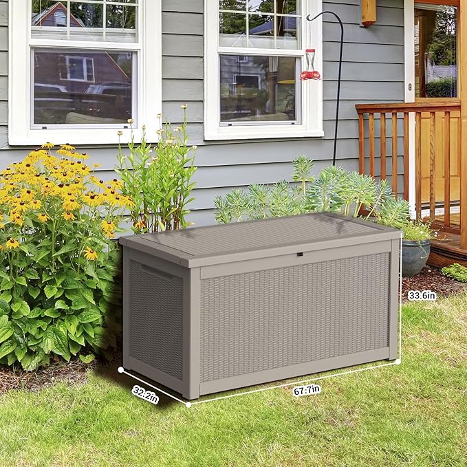 DRATO 320 Gallon Deck Box, Outdoor Large Waterproof Resin Storage Box with Lockable Lid for Patio Cushions, Gardening Tools, Light Brown