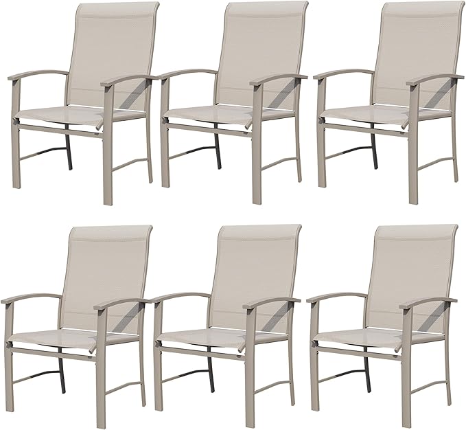 Outdoor Dining Chairs Set of 6, Stackable Patio Chairs with Metal Frame & Textilene Fabric, Perfect for Patio Garden Deck, Ivory