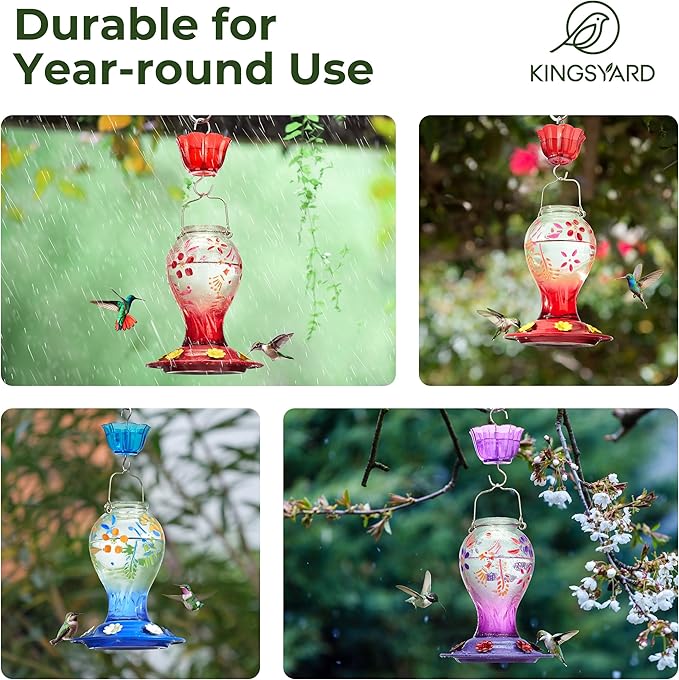 Kingsyard Glass Hummingbird Feeder for Outdoors Hanging - 26 oz Leak Proof Nectar Feeder with 6 Feeding Ports & Ant Moat for Garden Backyard Decor, Red