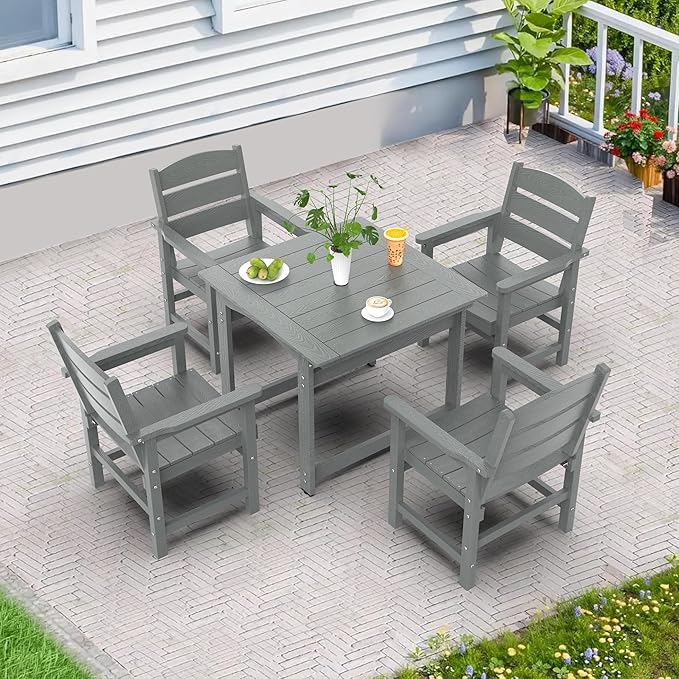 5-Piece HIPS Patio Dining Set, Outdoor Dining Table and Chairs Set with Umbrella Hole, Weatherproof Dining Table Set for 6 Person, Patio Furniture Set for Outside Deck, Grey