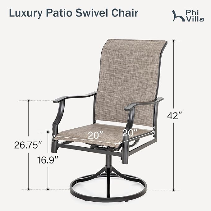 PHI VILLA Swivel Patio Dining Chair with 42" High Back, Padded Textilene Deep Seating Outdoor Chairs with Armrest & E-Coating Frame, All Weather-Resistant for Deck Lawn Garden, Set of 6