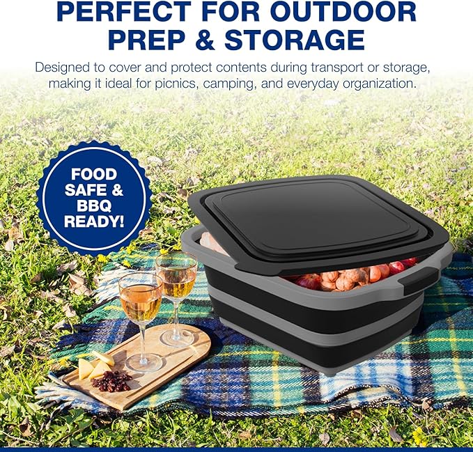 2-Pack XL Collapsible BBQ Prep Tub with Built-In Cutting Board, Lid & Strainer – Marinate, Drain & Prep – Large Food-Safe Container – Perfect for Grilling, Smoking & Outdoor Cooking (Black)
