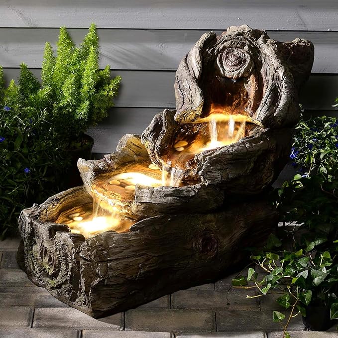 31.5" L Garden Water Fountain Outdoor, Artifical Imitation Wood Outdoor Water Fountain Natural Waterfall with LED Lights for Patio,Porch,Backyard,Home Art Decor(Resin)