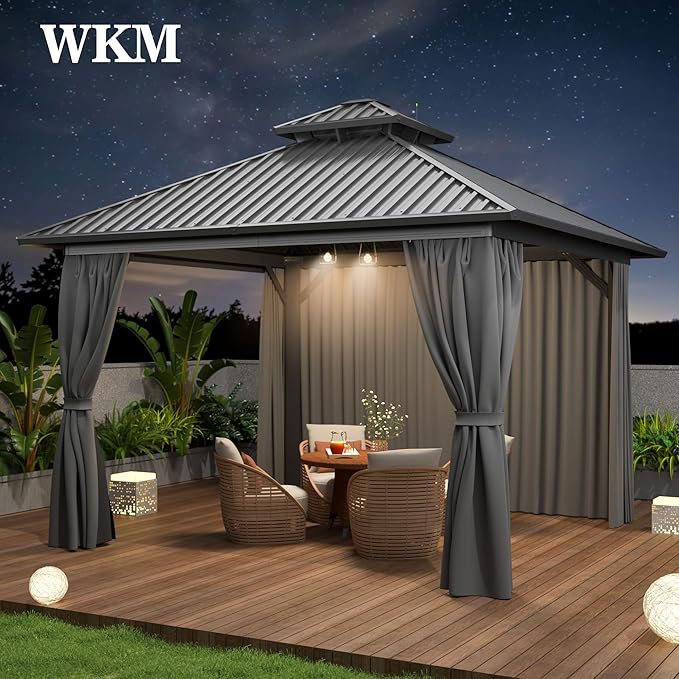 WKM 10x10 FT Hardtop Gazebo with Heavy Duty Galvanized Steel Double Roof, Aluminum Frame Permanent Pavilion with Curtains and Netting, Outside Canopy Gazebo for Patio, Deck and Backyard, Grey