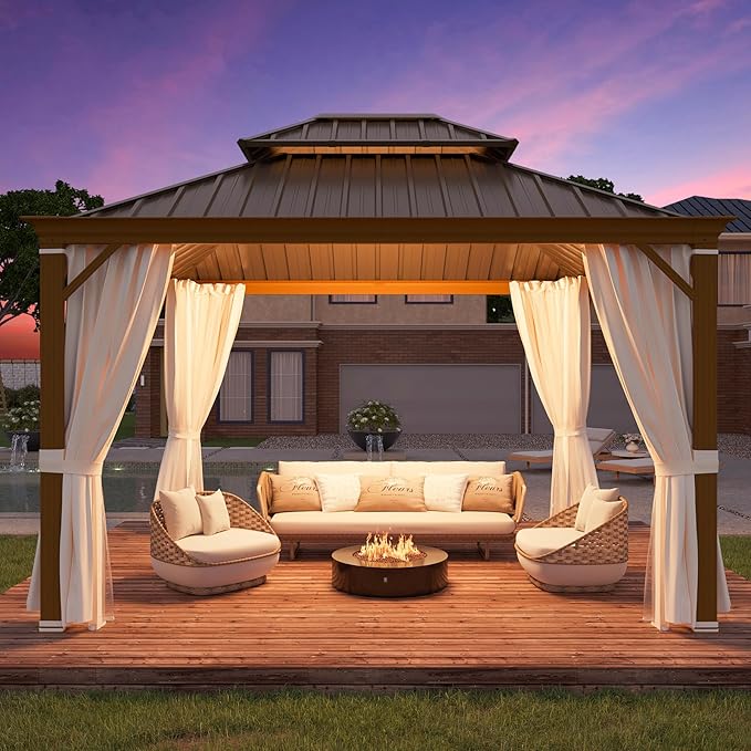 YOLENY 10' x 12' Hardtop Gazebo, Wood Grain Aluminum Frame Canopy with Galvanized Steel Double Roof, Outdoor Patio Gazebo with Netting and Curtains for Backyard, Patio, Lawns