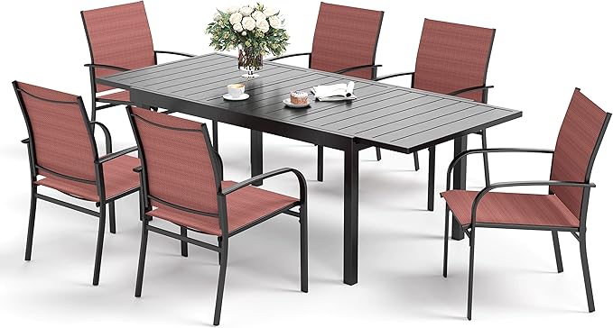 Patio Dining Set 7 PCS, Outdoor Red Dining Chairs for 6, Rectangular Steel Extendable Dining Table,Patio Dining Table and Chairs for Outdoor Lawn Garden,Deck.