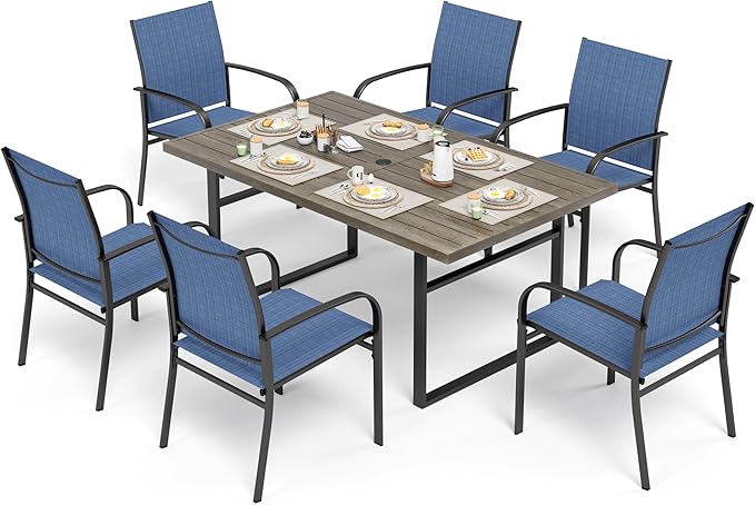 7 Piece Patio Dining Set for 6, 64” Rectangular Wood-Like Steel Dining Table with Umbrella Hole, 6 x Blue Chairs, Outdoor Table and Chairs Set for Lawn Backyard and Deck