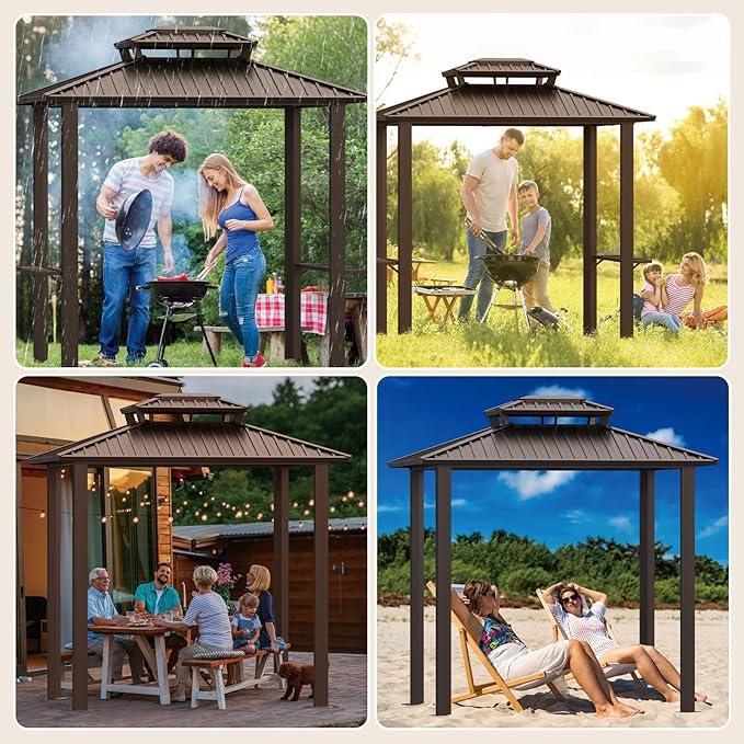 Hoteel 6x8ft Hardtop Grill Gazebo, Outdoor Patio Aluminum Frame Barbecue Gazebo with Galvanized Steel Double Roof and 2 Side Shelves for Deck Lawn Backyard Garden and Party, Brown(2025 Upgraded)