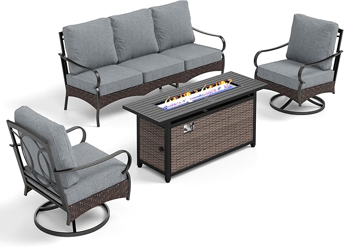 Patio Furniture Set with 56" Fire Pit Table, Premium Outdoor Wicker Metal Frame Furniture with Upgraded Waterproof Thick Cushions for Porch, Poolside, Deck, and Yard (4 Pieces,Grey