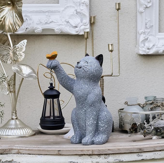 Solar Cat Garden Statue Outdoor Decor, Cat Sculpture with Lantern and Butterfly for Yard Lawn Patio Balcony, Christmas, Birthday Housewarming Gifts for Mom, Grandma, Women, 9.4 inch, Resin