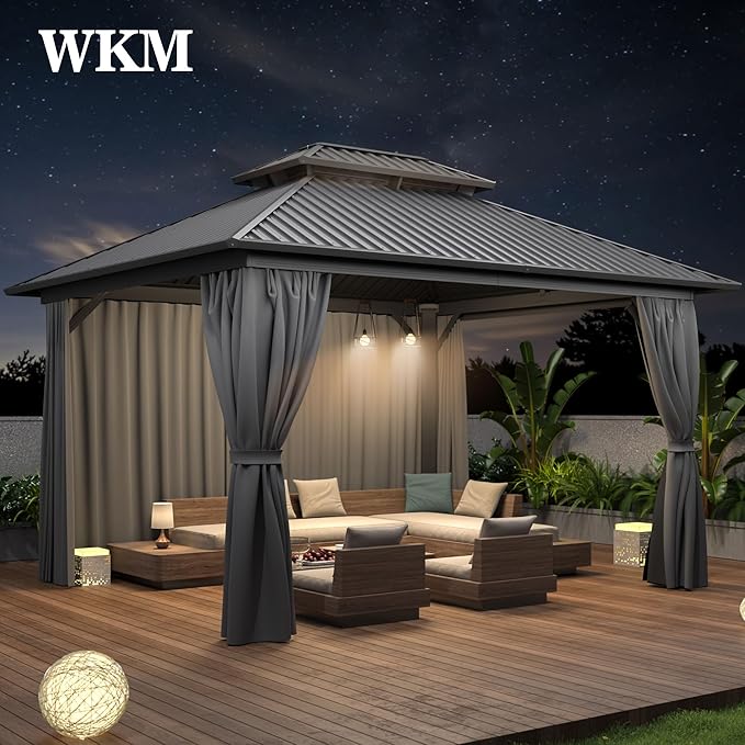 WKM 10x12 FT Hardtop Gazebo with Heavy Duty Galvanized Steel Double Roof, Aluminum Frame Permanent Pavilion with Curtains and Netting, Outside Canopy Gazebo for Patio, Deck and Backyard, Grey
